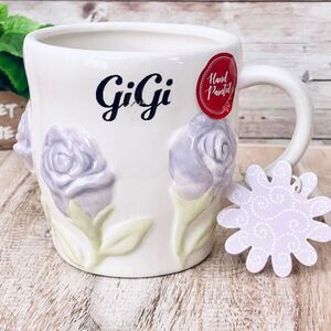 NWT Seeds & Sunshine GIGI White Purple 3D Flower Hand Painted grandma Coffee Mug